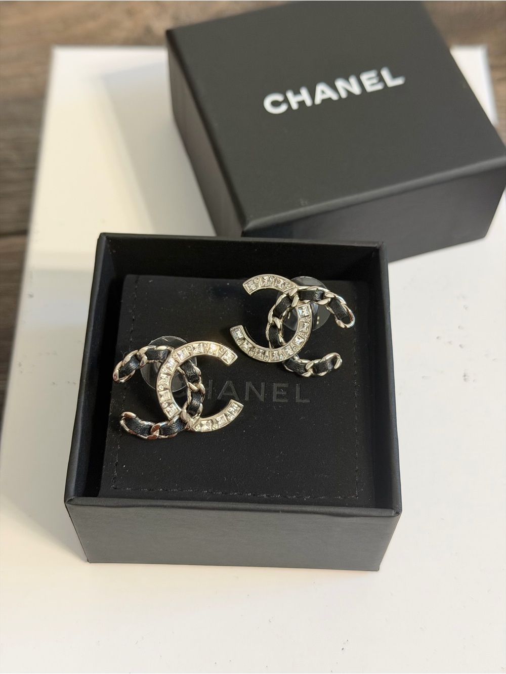 Chanel Silver Crystal CC Black Leather Statement Stud Earrings